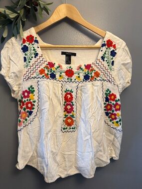 Forever 21 White Embroidered Floral Peasant Blouse